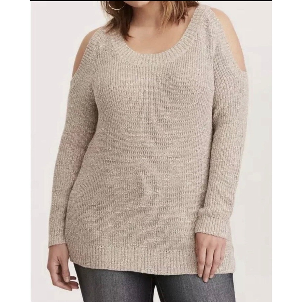 Torrid 2 Cold Shoulder Knit Sweater Plus Size Beige Oatmeal Long Sleeve 2x 18 20